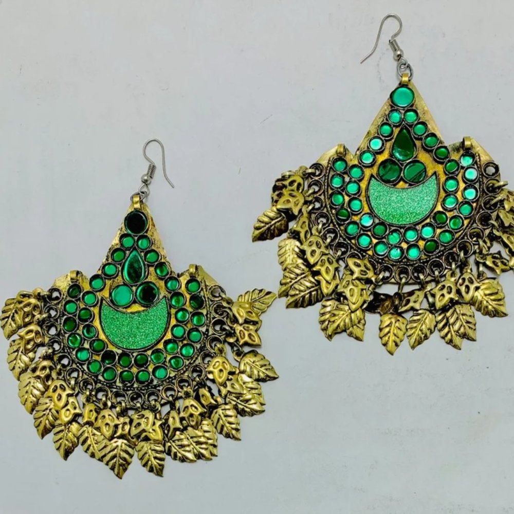 Green Glass Kuchi Earrings: Afghan Tribal Boho Dangle Earrings